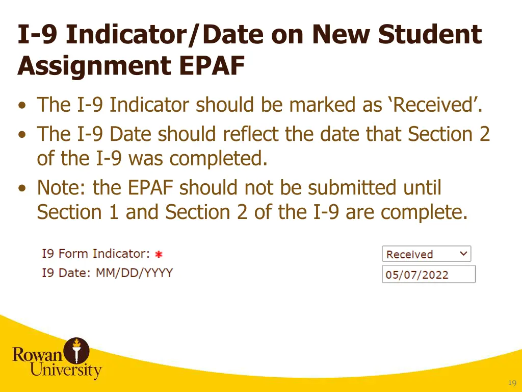 i 9 indicator date on new student assignment epaf