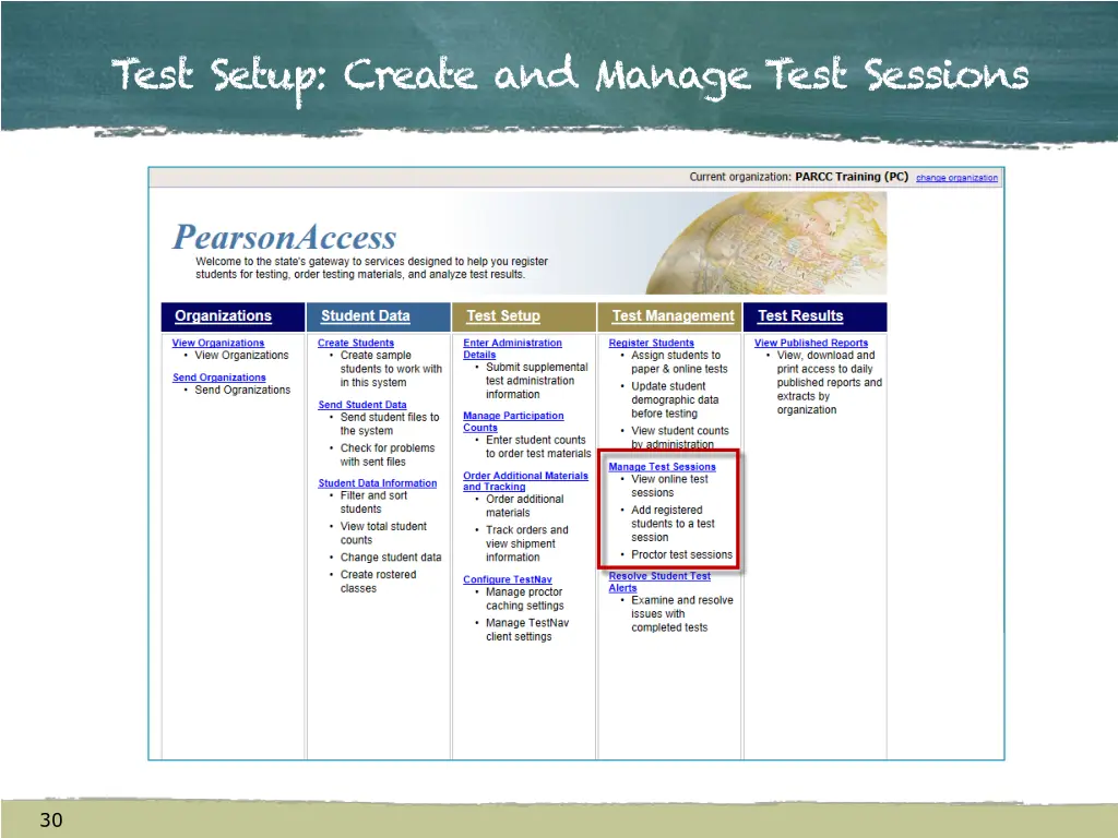 test setup create and manage test sessions