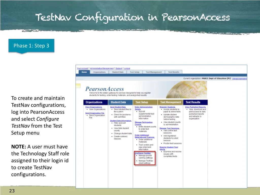 testnav configuration in pearsonaccess