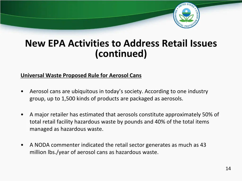 new epa activities to address retail issues 1