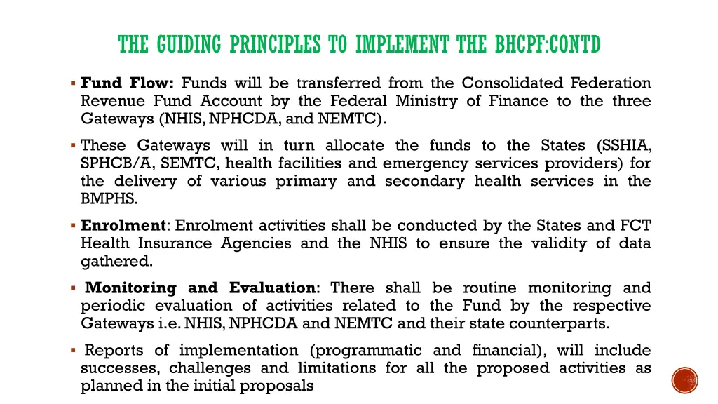 the guiding principles to implement the bhcpf 1
