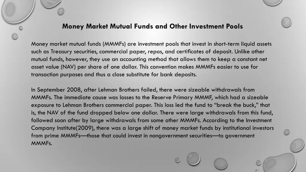 money market mutual funds and other investment