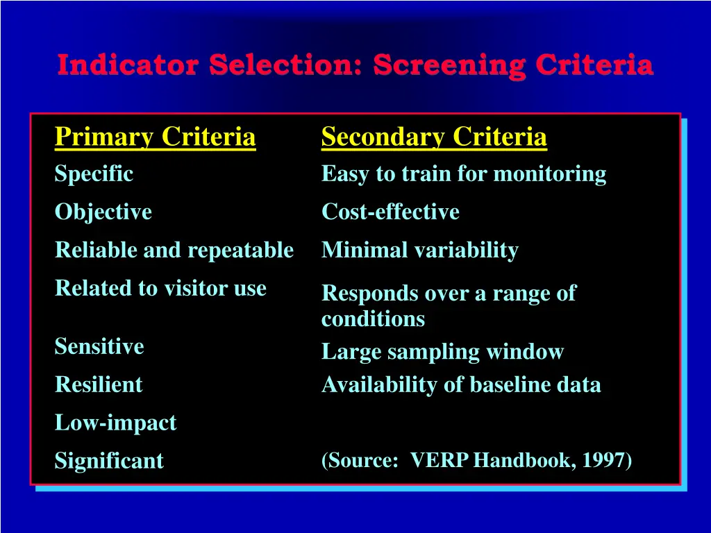 indicator selection screening criteria