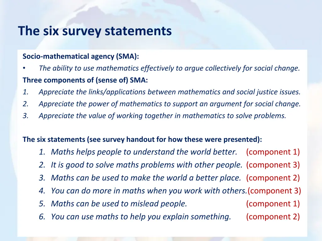 the six survey statements