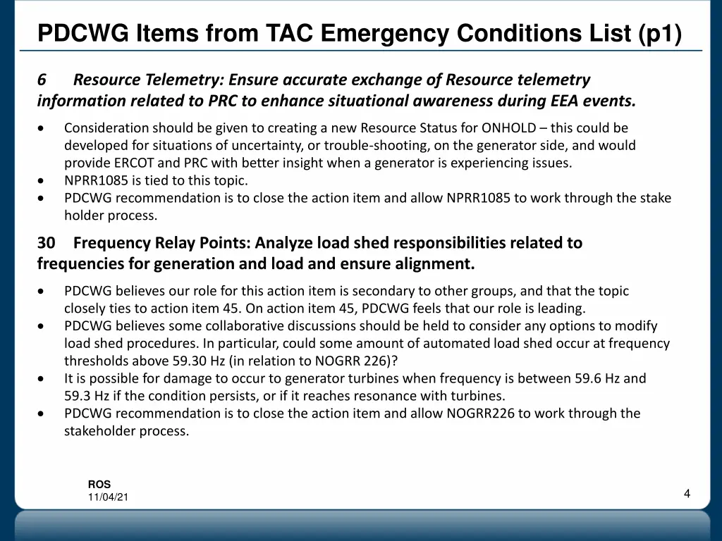 pdcwg items from tac emergency conditions list p1