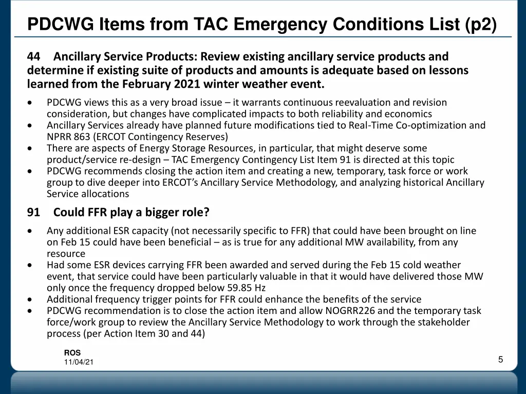 pdcwg items from tac emergency conditions list p2