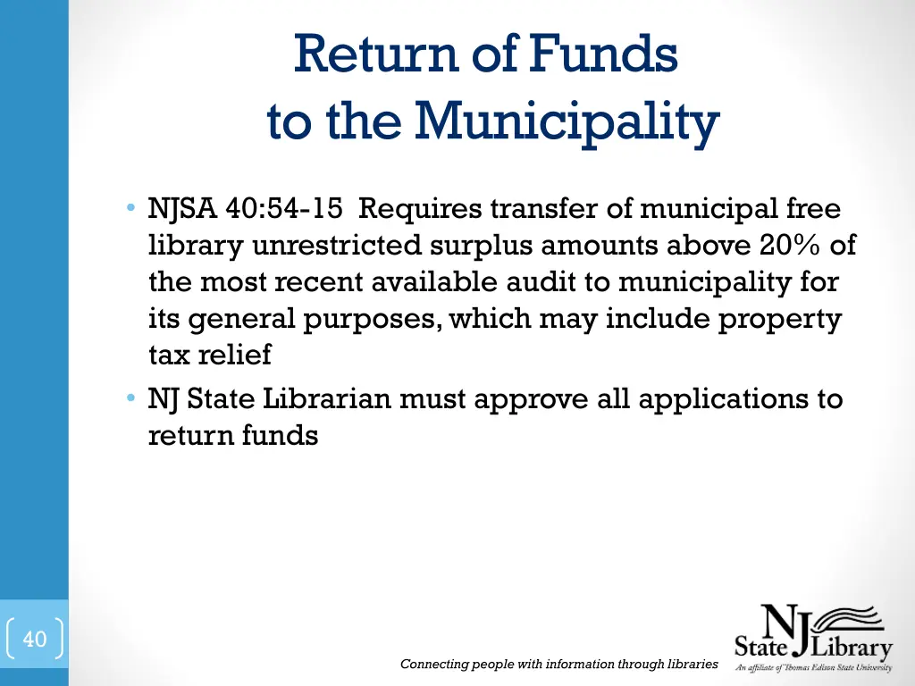 return of funds to the municipality