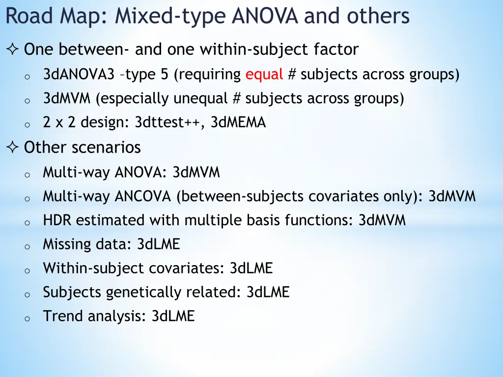 road map mixed type anova and others