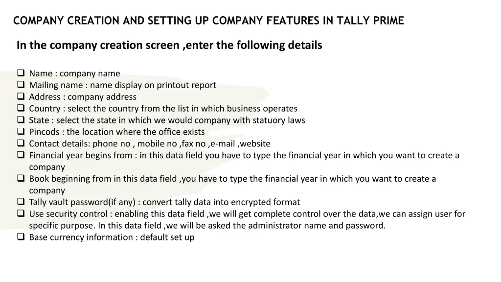 company creation and setting up company features 1