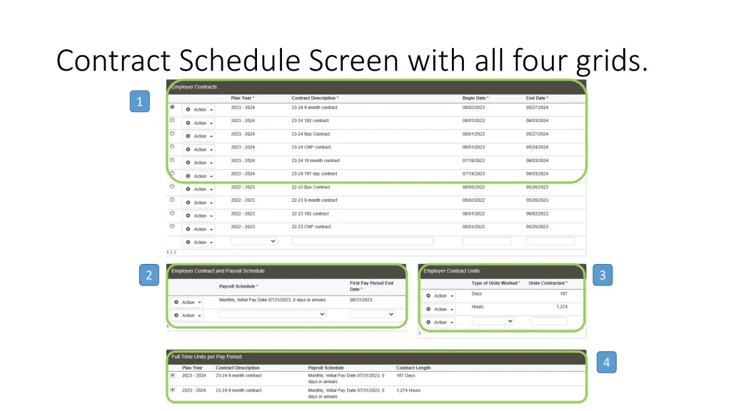 contract schedule screen with all four grids