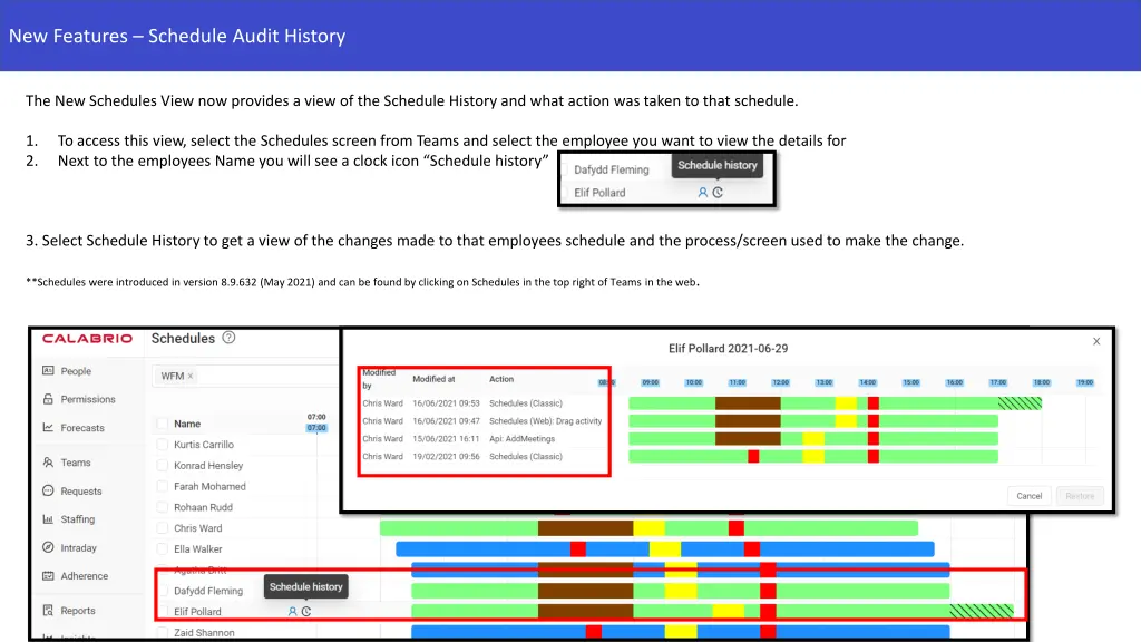 new features schedule audit history