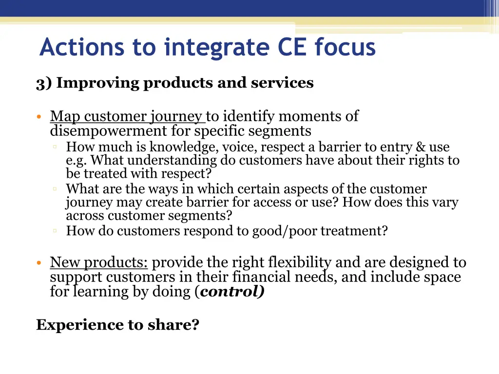 actions to integrate ce focus