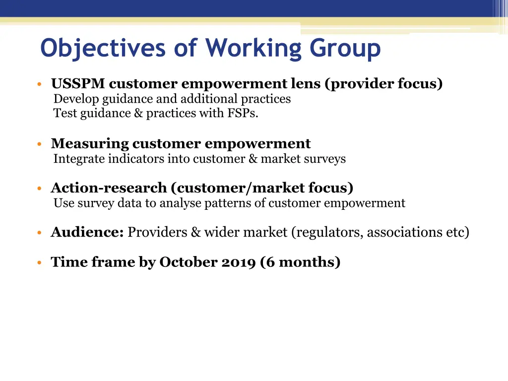 objectives of working group