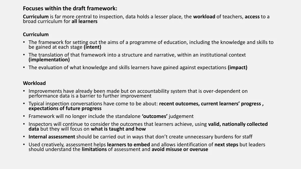 focuses within the draft framework curriculum
