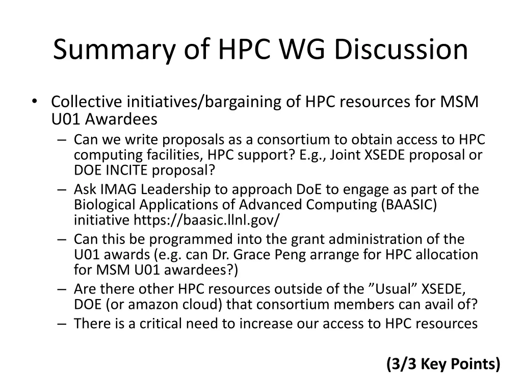 summary of hpc wg discussion 1