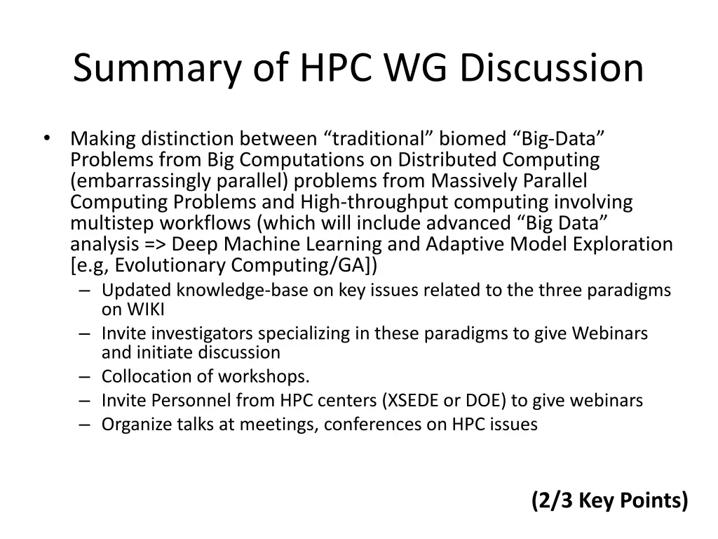 summary of hpc wg discussion