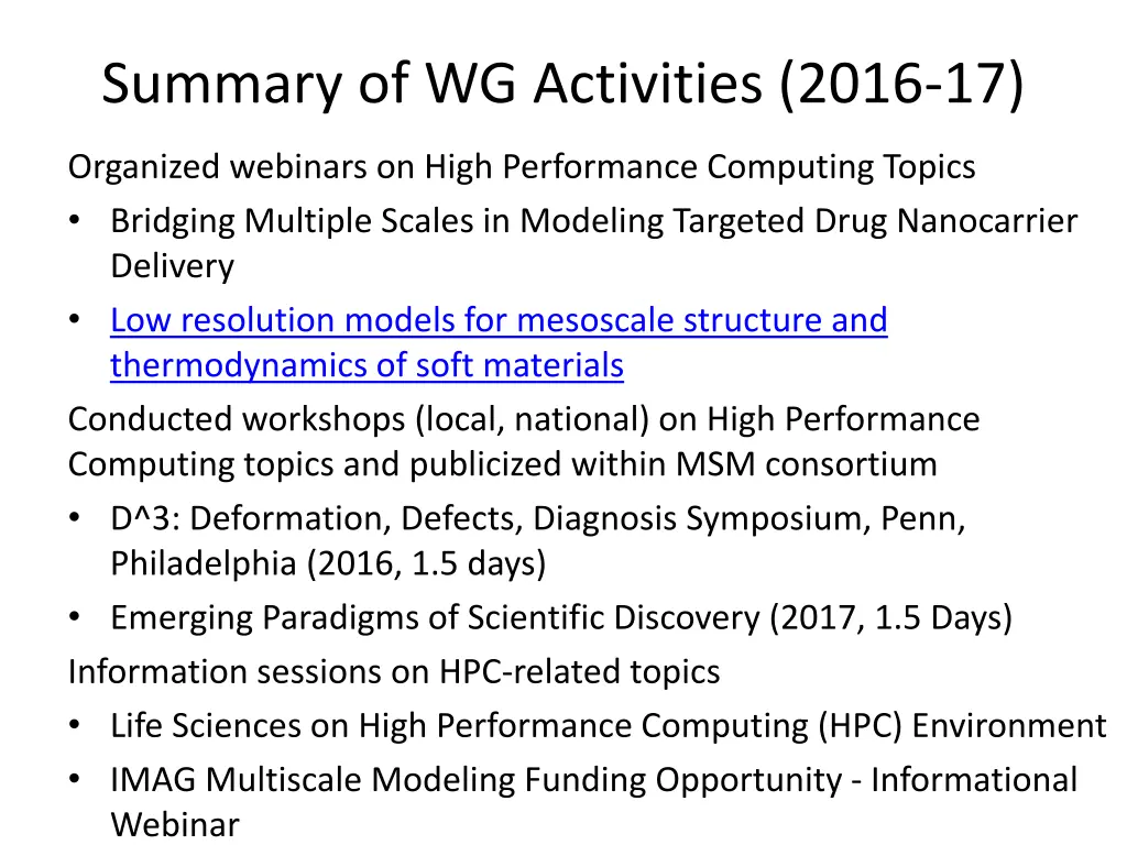 summary of wg activities 2016 17
