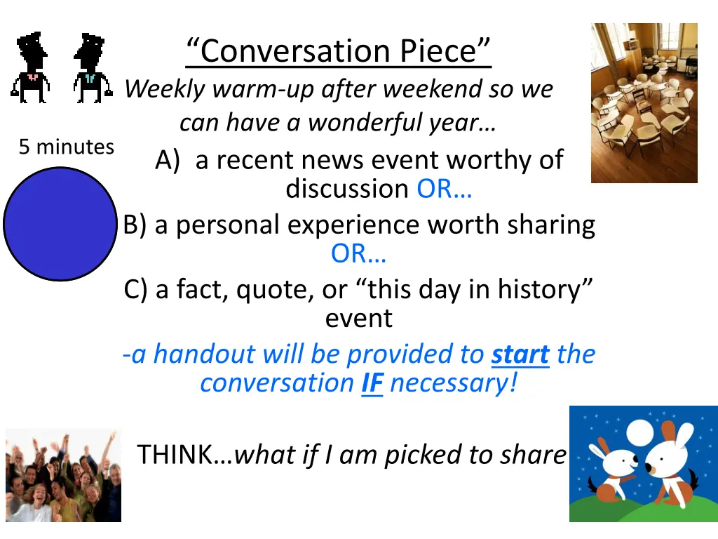 conversation piece weekly warm up after weekend