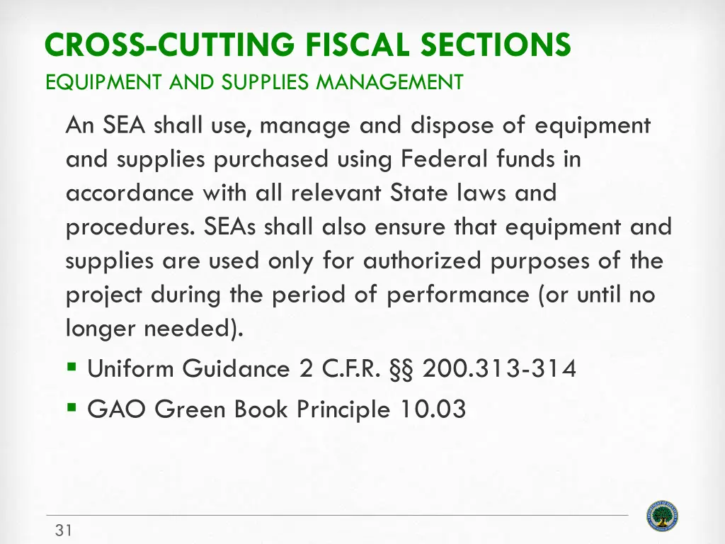 cross cutting fiscal sections equipment