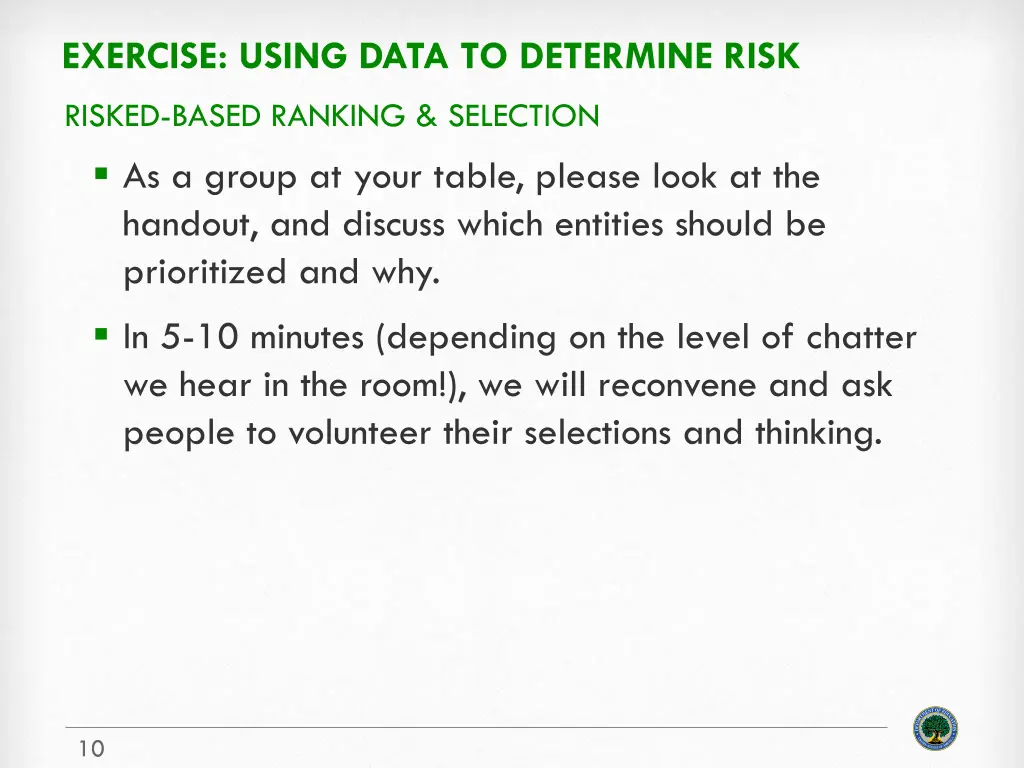 exercise using data to determine risk
