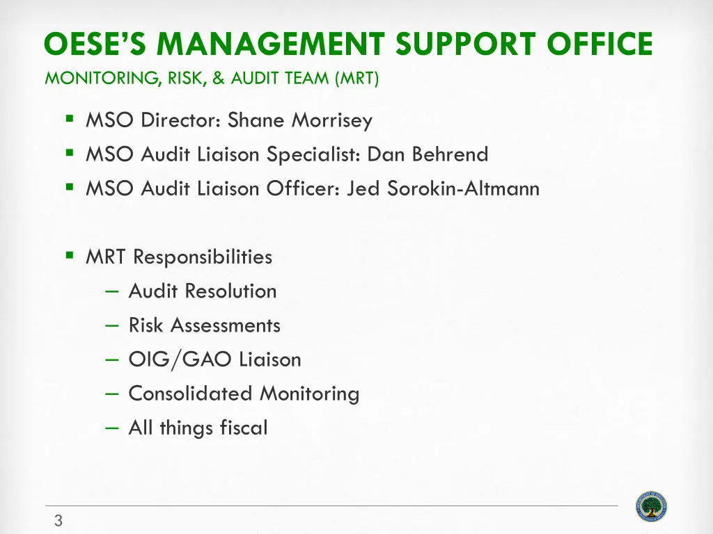 oese s management support office monitoring risk