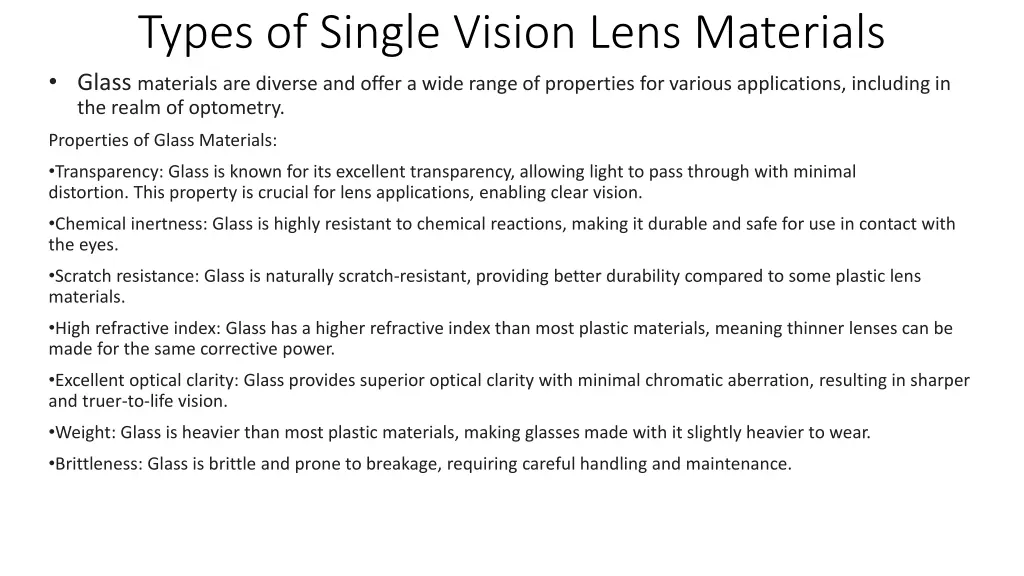 types of single vision lens materials glass