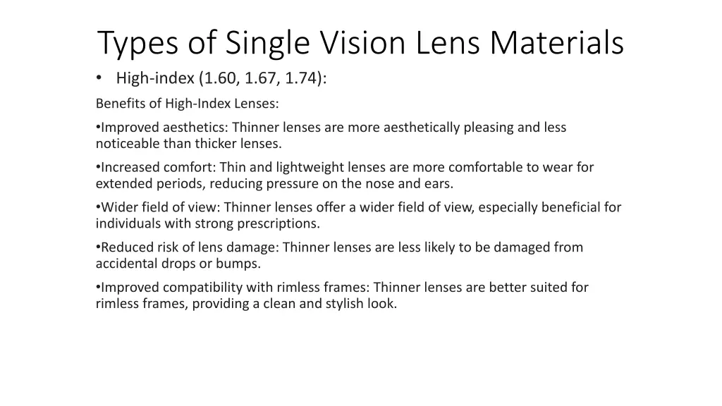 types of single vision lens materials high index 1