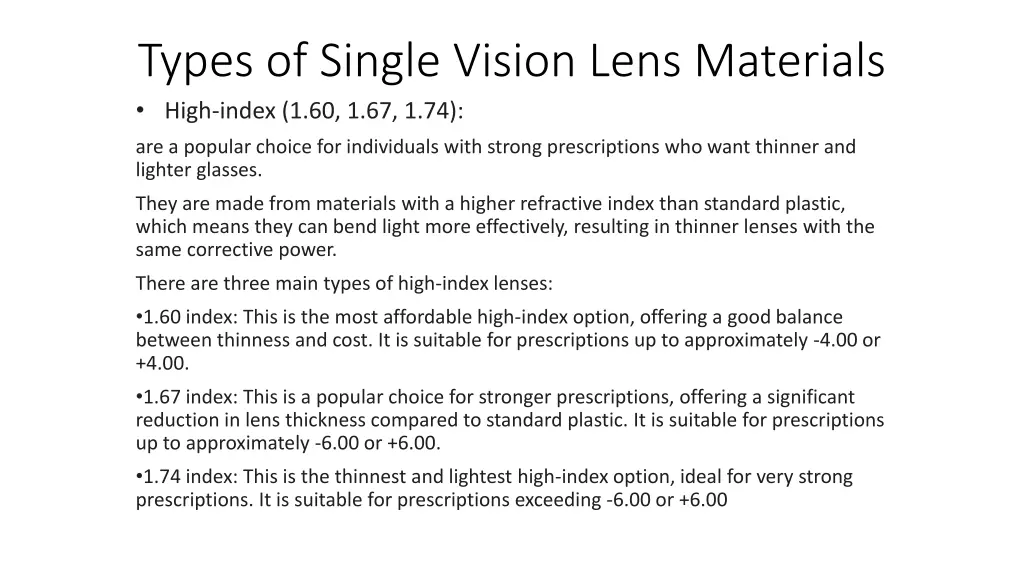 types of single vision lens materials high index