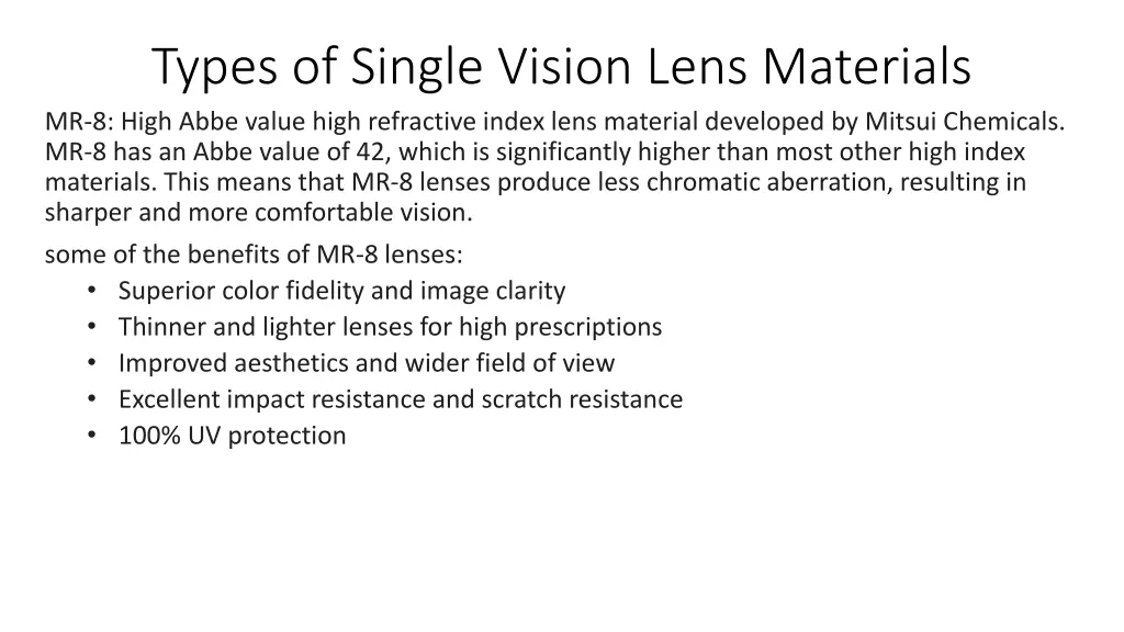 types of single vision lens materials mr 8 high