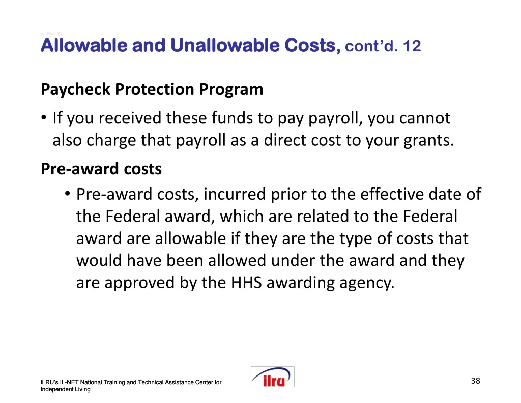 slide slide 38 allowable and unallowable costs