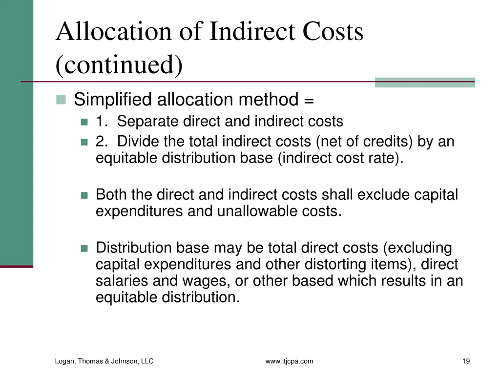 allocation of indirect costs continued