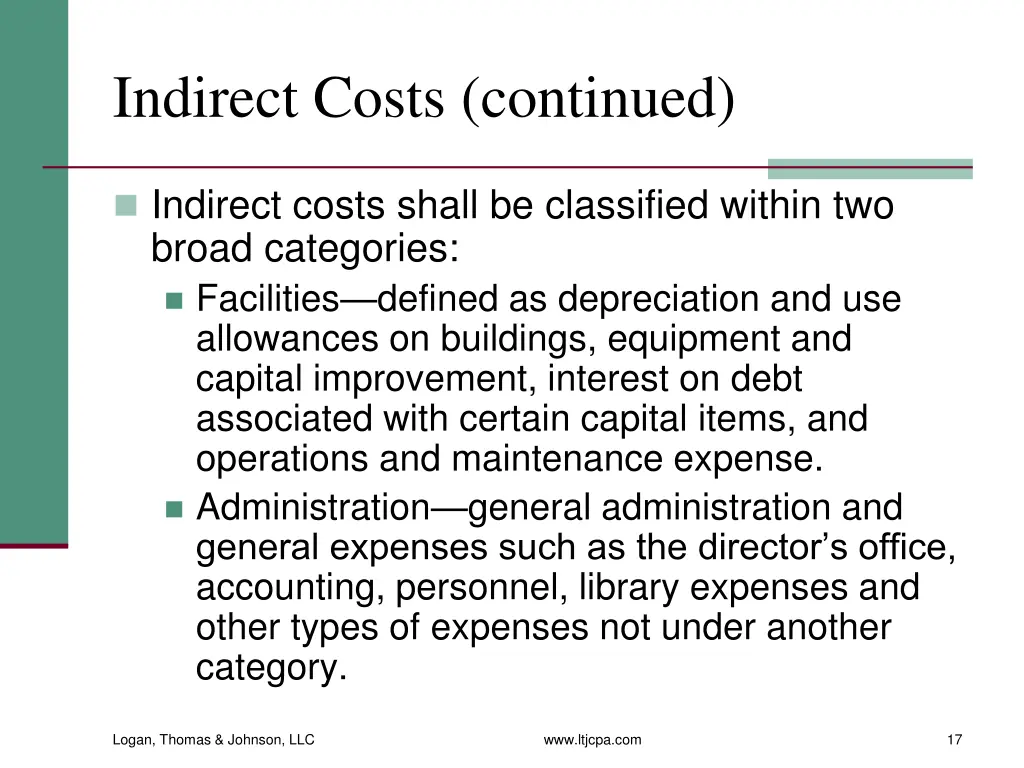 indirect costs continued