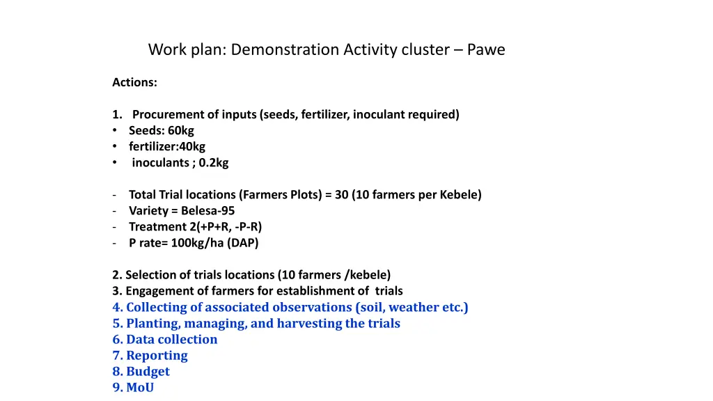 work plan demonstration activity cluster pawe