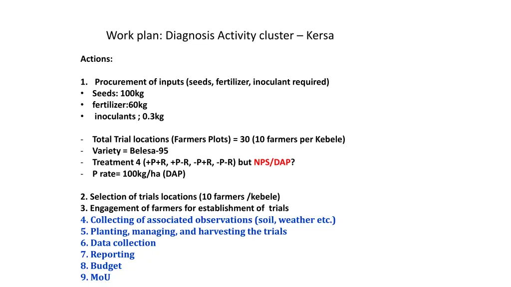 work plan diagnosis activity cluster kersa