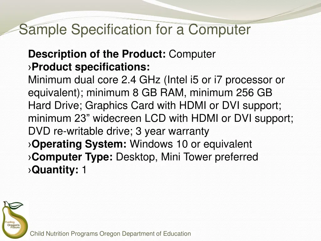 sample specification for a computer