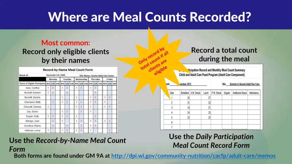 where are meal counts recorded