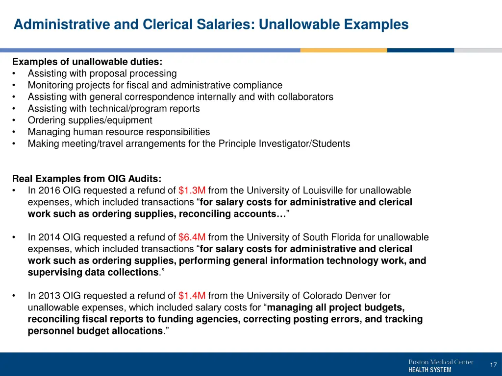 administrative and clerical salaries unallowable