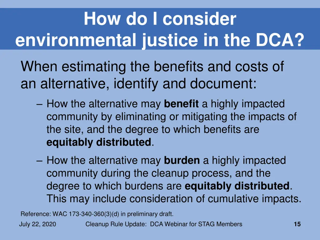 how do i consider environmental justice in the dca