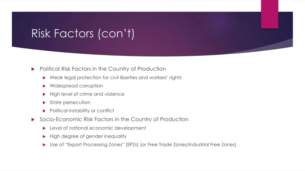 risk factors con t