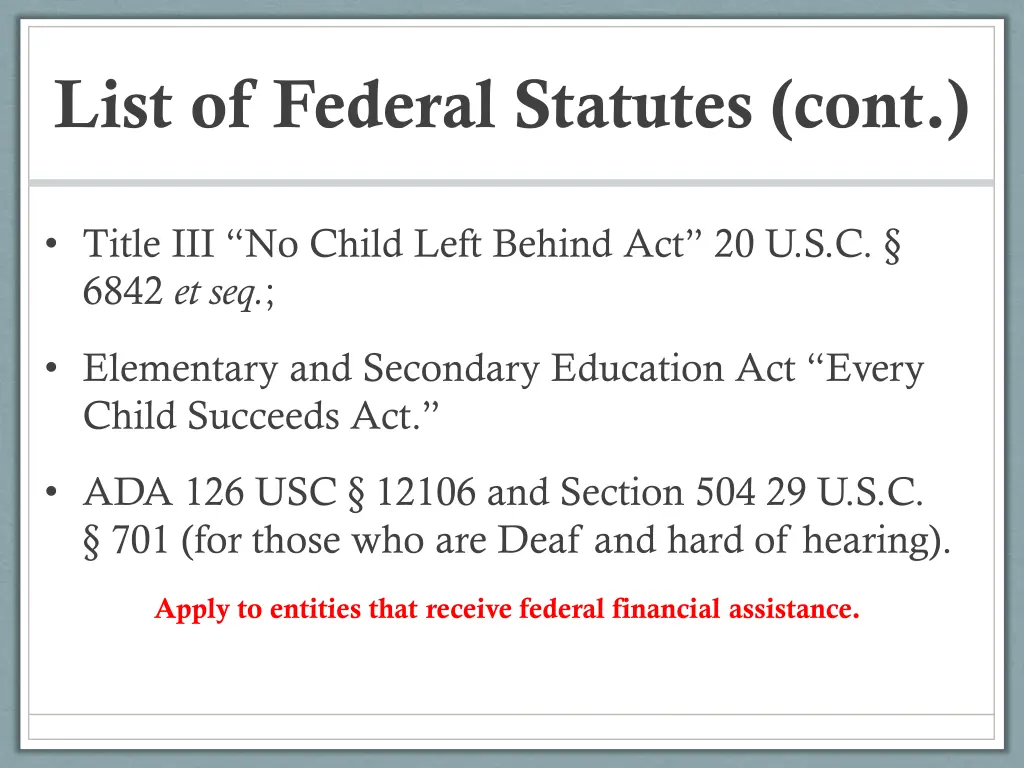 list of federal statutes cont