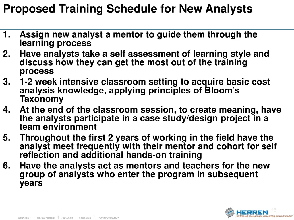 proposed training schedule for new analysts
