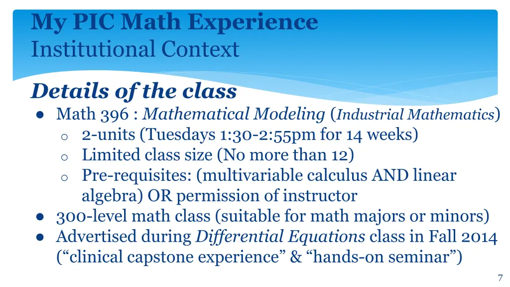 my pic math experience institutional context 1