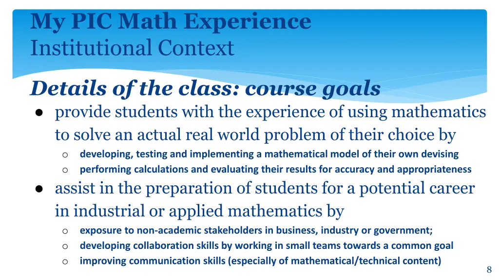 my pic math experience institutional context 2