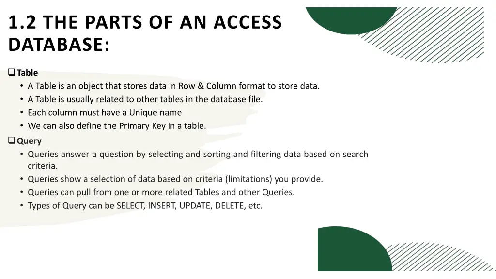 1 2 the parts of an access database