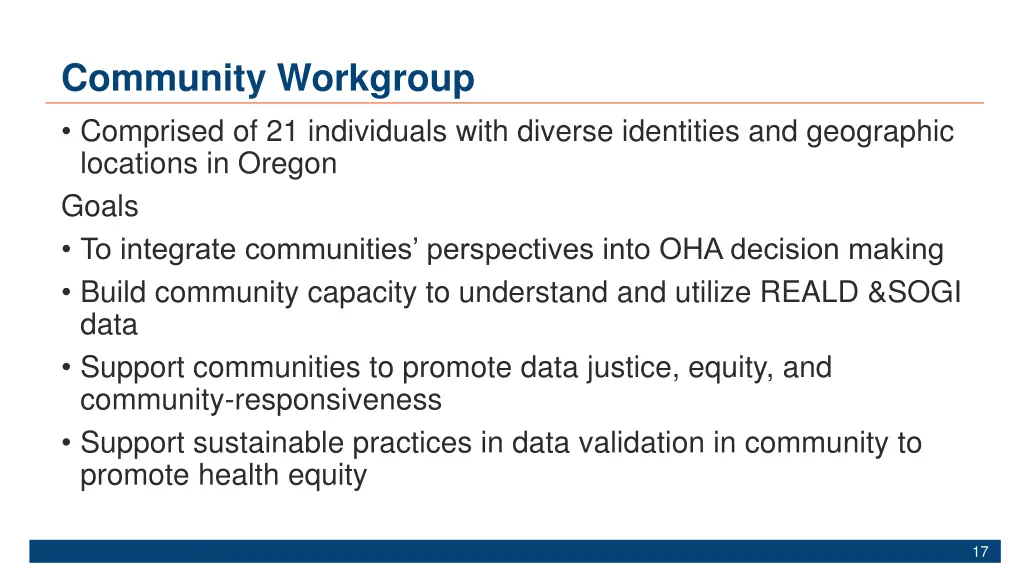 community workgroup comprised of 21 individuals