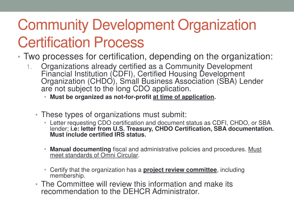 community development organization certification