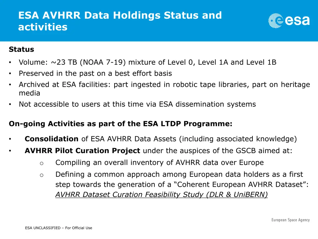 esa avhrr data holdings status and activities