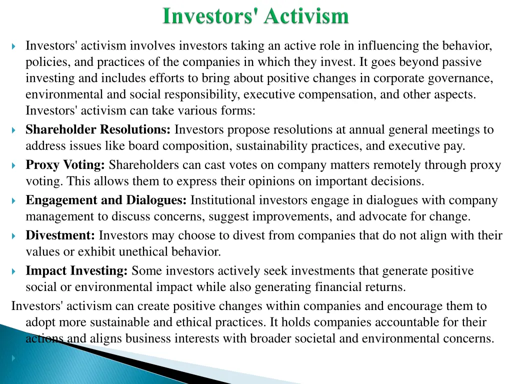 investors activism involves investors taking