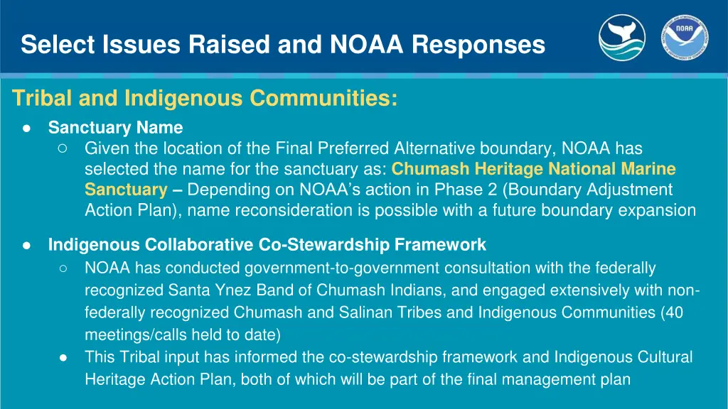 select issues raised and noaa responses