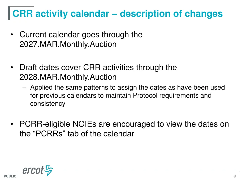 crr activity calendar description of changes